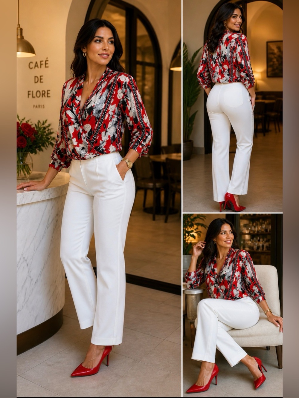 NY Collection Floral Blouse XL Red Black White Wrap Style Elegant Long Sleeve.